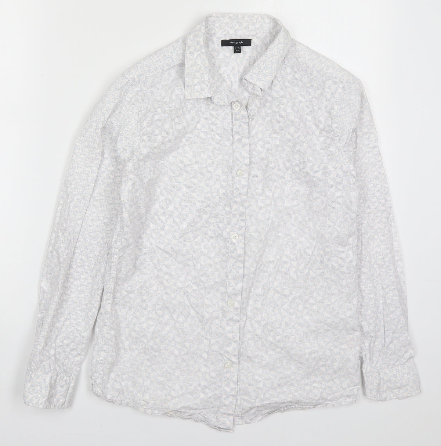 Marks and Spencer Boys White Geometric Cotton Basic Button-Up Size 12-13 Years Collared Button