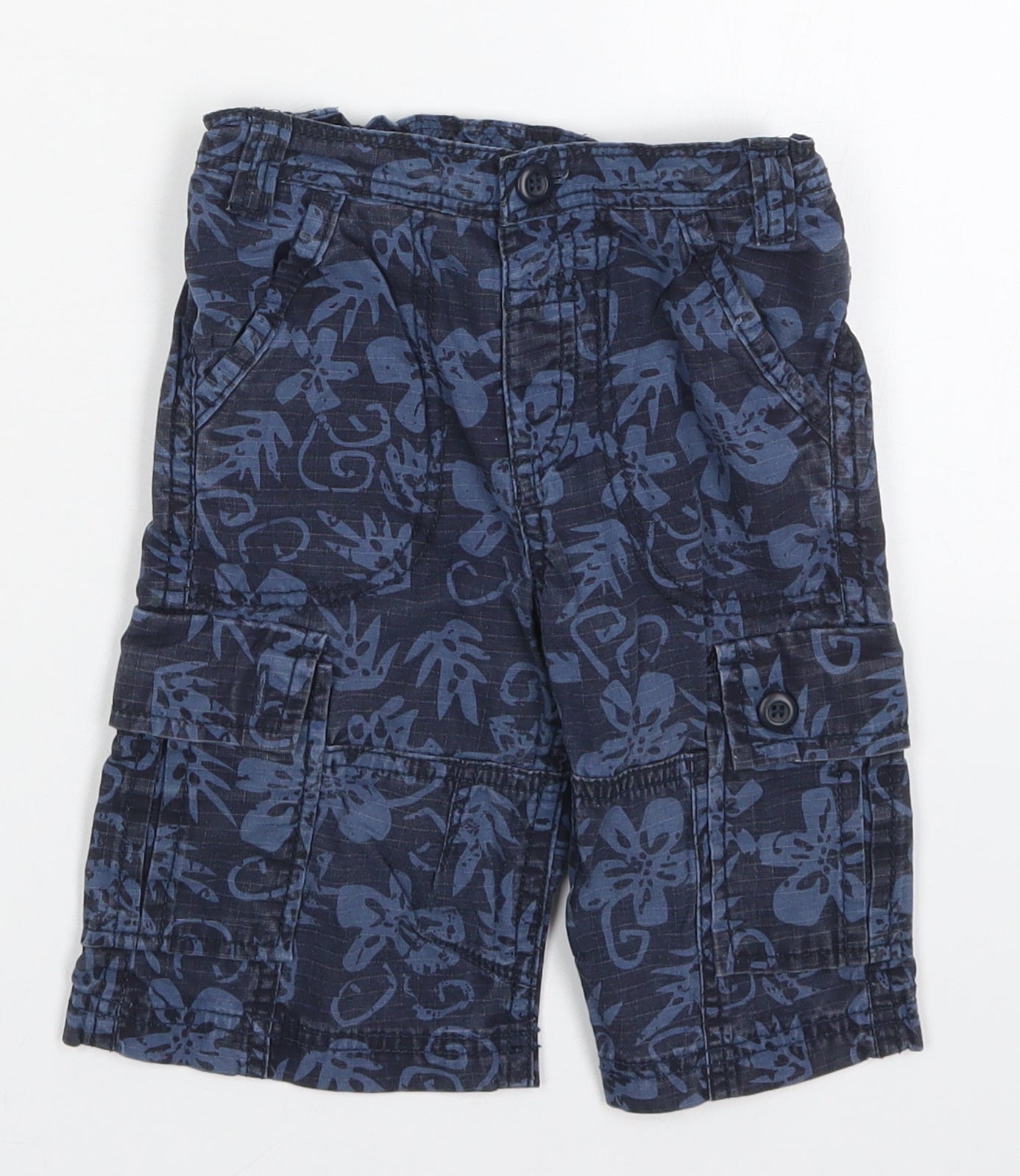 Mini Mode Boys Blue Floral Cotton Cargo Trousers Size 12-18 Months  Button