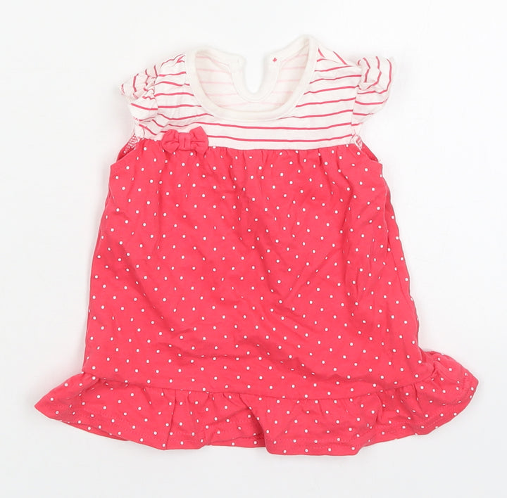 George Girls Pink Polka Dot Cotton A-Line Size 6-9 Months Round Neck Button - Striped