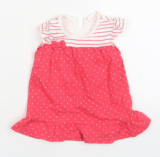 Front view of George girls’ pink polka dot cotton a-line, size 6-9, months round neck button - striped