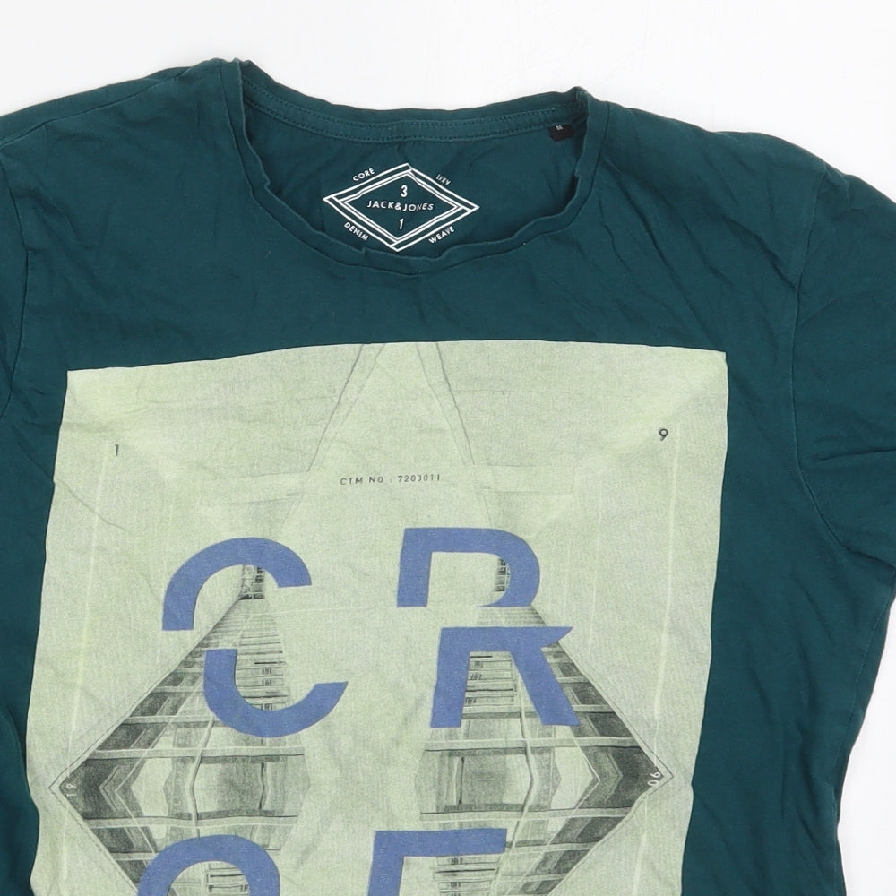 JACK & JONES Mens Green  Cotton  T-Shirt Size M Crew Neck  - Core