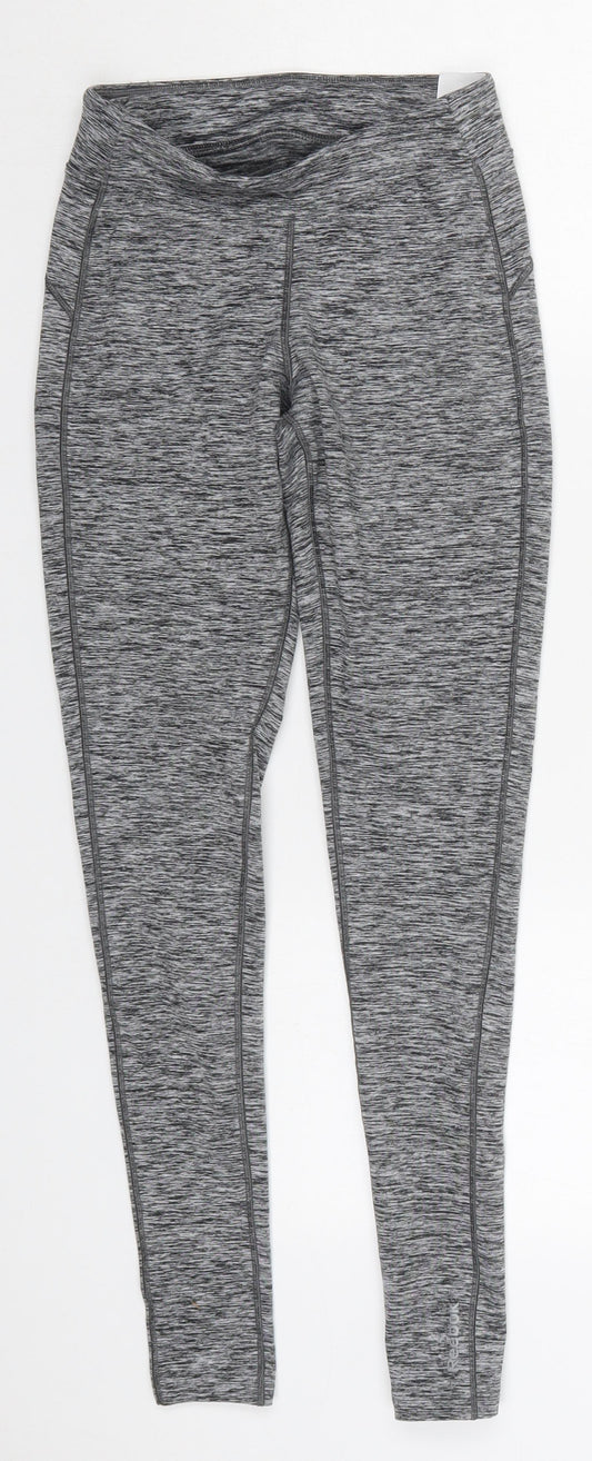 Front view of Reebok women’s grey polyester capri leggings, size XS, 26-inch leg regular