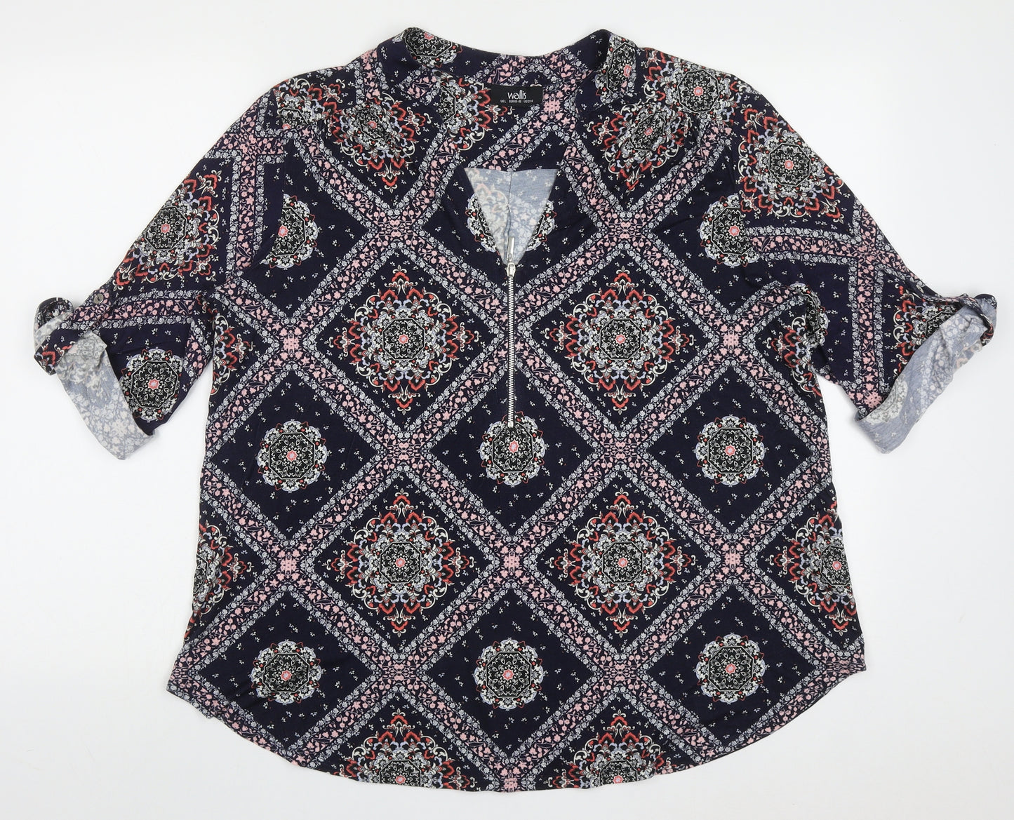 Wallis Womens Blue Geometric Viscose Basic Blouse Size L V-Neck