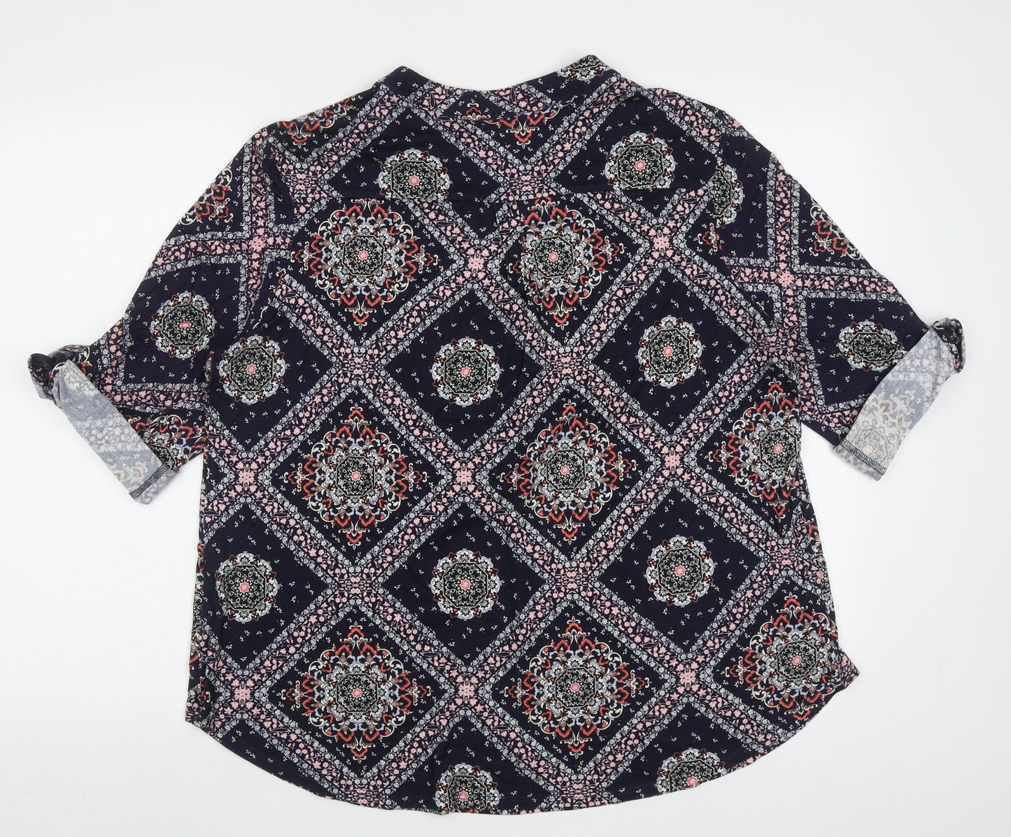 Wallis Womens Blue Geometric Viscose Basic Blouse Size L V-Neck