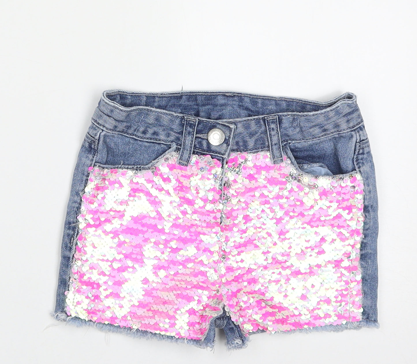 Matalan Girls Blue  Cotton Bermuda Shorts Size 5 Years  Regular Buckle - pink sequin detail