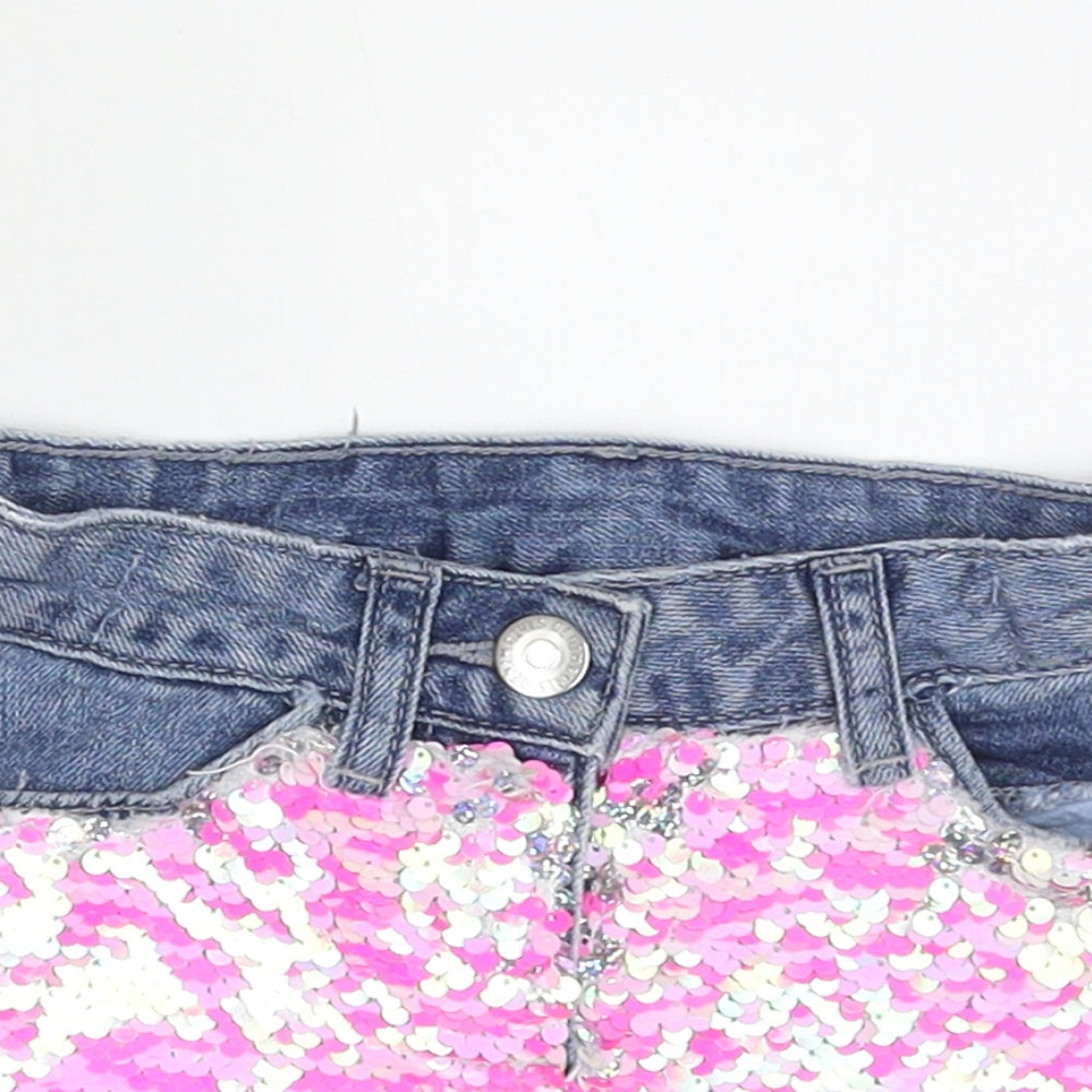 Matalan Girls Blue  Cotton Bermuda Shorts Size 5 Years  Regular Buckle - pink sequin detail