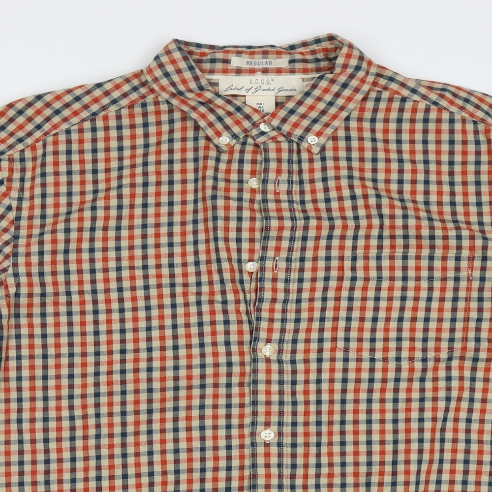 H&M Mens Red Check Cotton  Button-Up Size L Collared Button