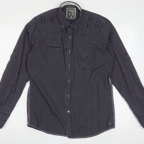 REMUS Mens Purple Striped Polyester  Button-Up Size M Collared Button