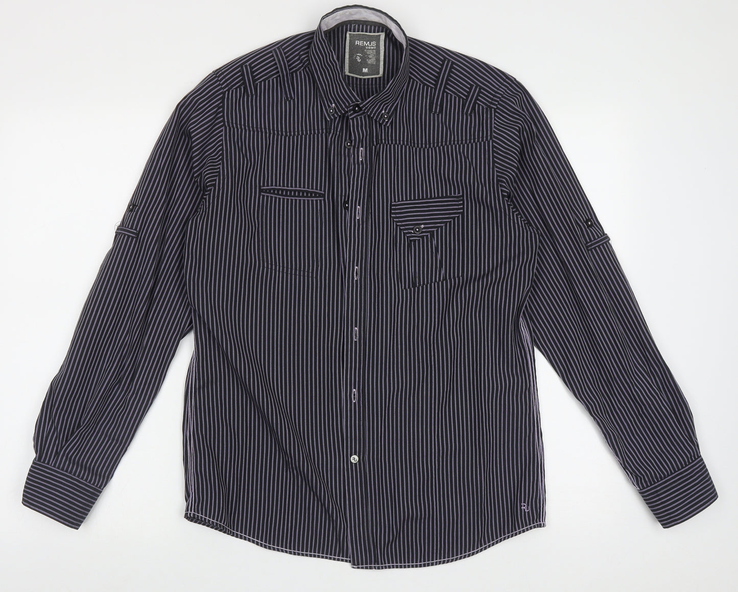 REMUS Mens Purple Striped Polyester  Button-Up Size M Collared Button