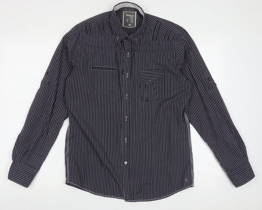 Front view of Remus Uomo men’s purple striped polyester button-up, size M, collared button