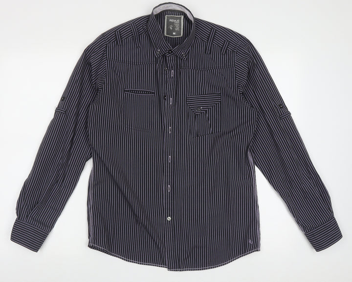 REMUS Mens Purple Striped Polyester  Button-Up Size M Collared Button