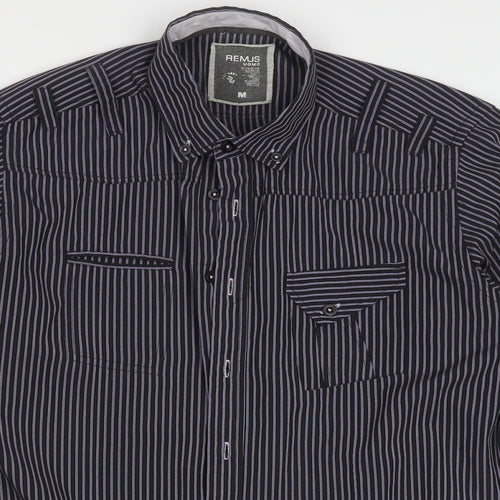 REMUS Mens Purple Striped Polyester  Button-Up Size M Collared Button