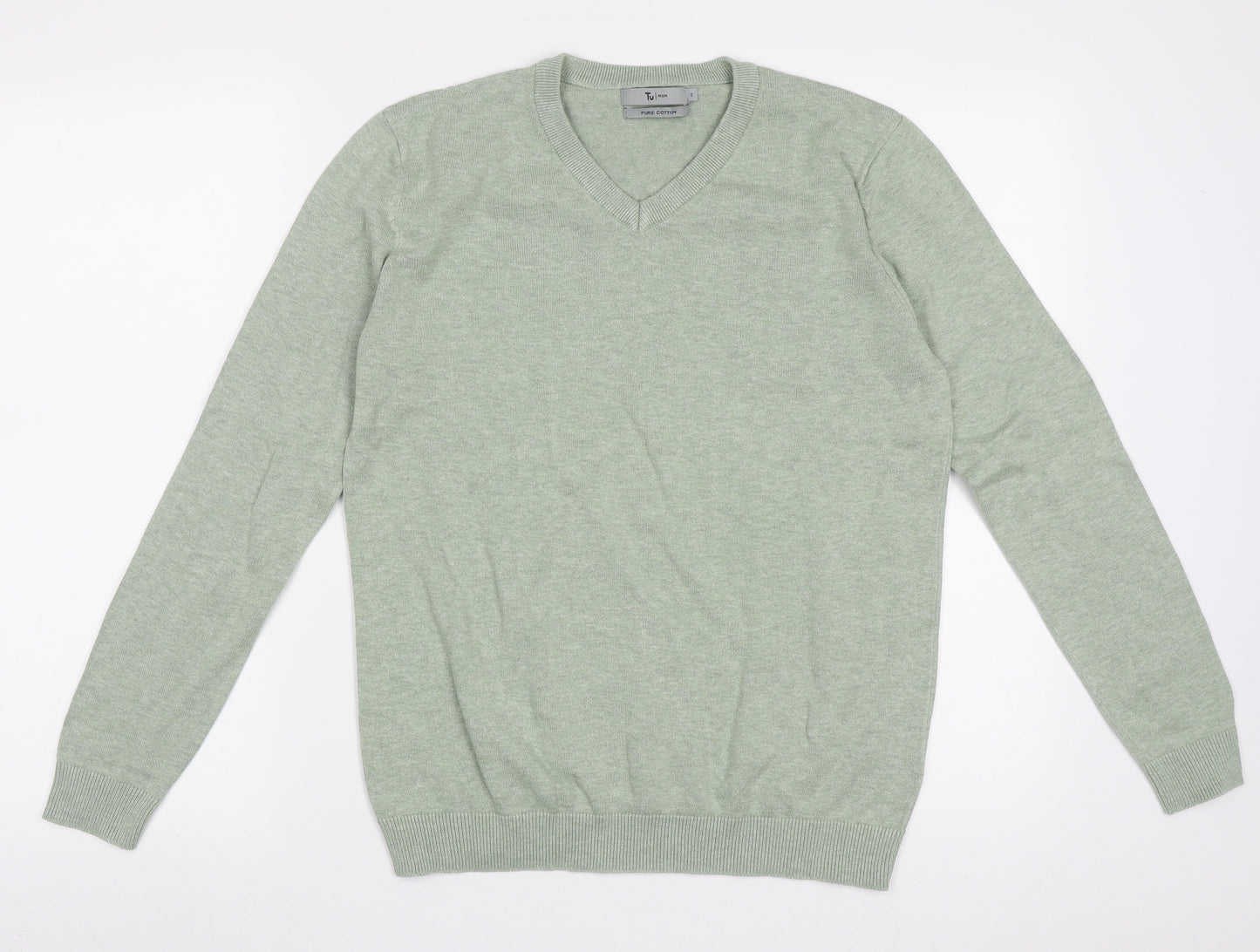 TU Mens Green V-Neck  Cotton Pullover Jumper Size S