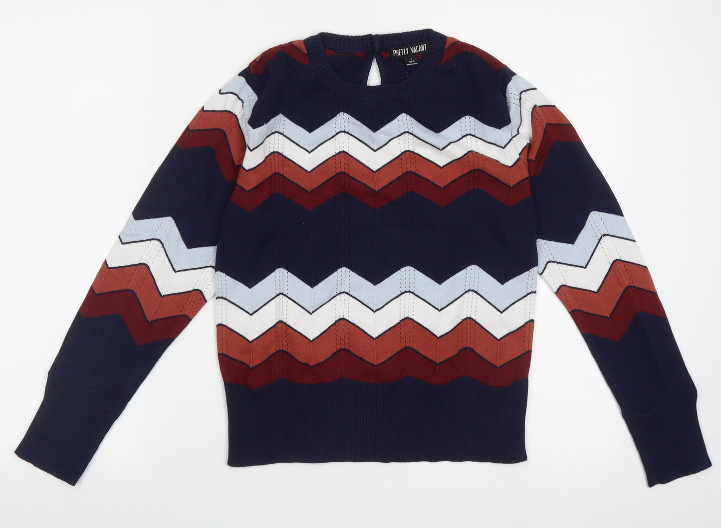 pretty vacant Womens Blue Crew Neck Geometric Cotton Pullover Jumper Size 10