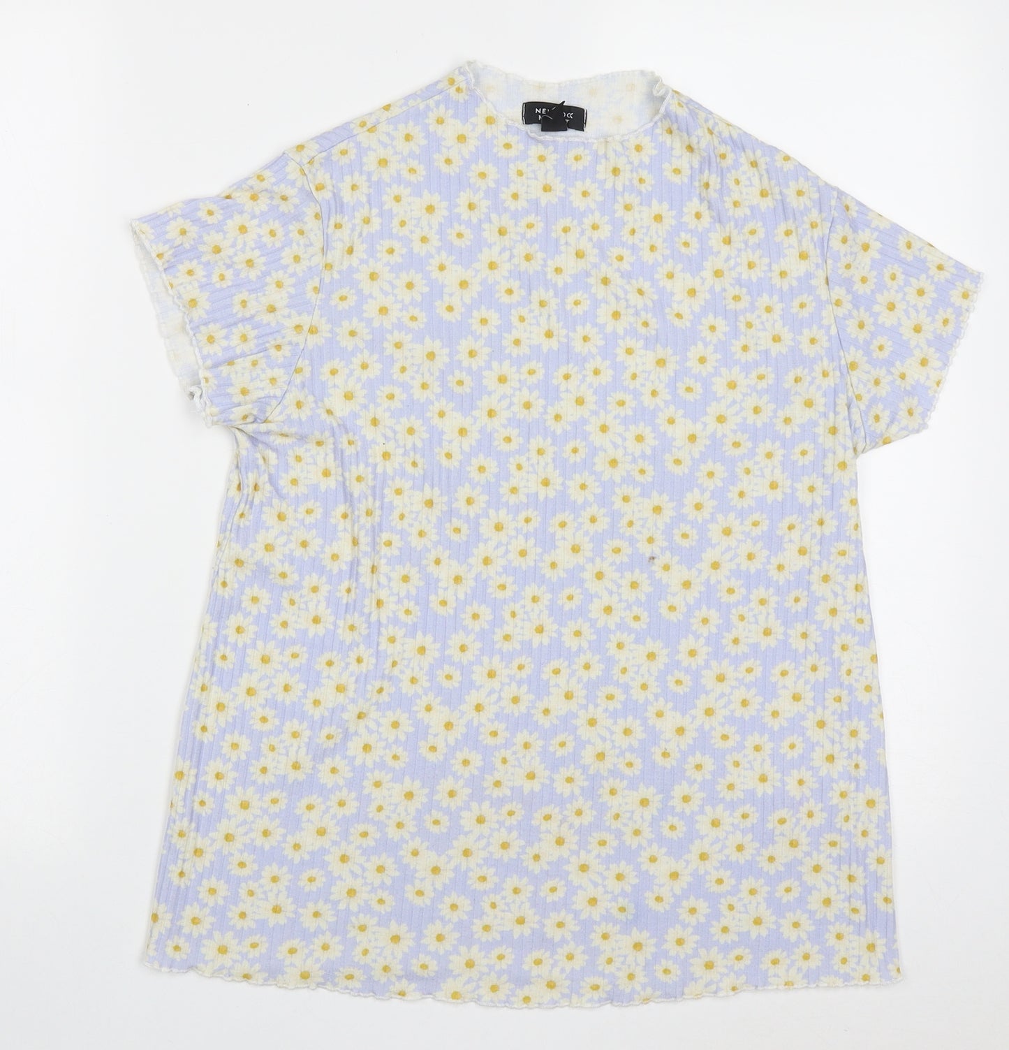 New Look Womens Blue Floral Polyester Basic T-Shirt Size 14 High Neck