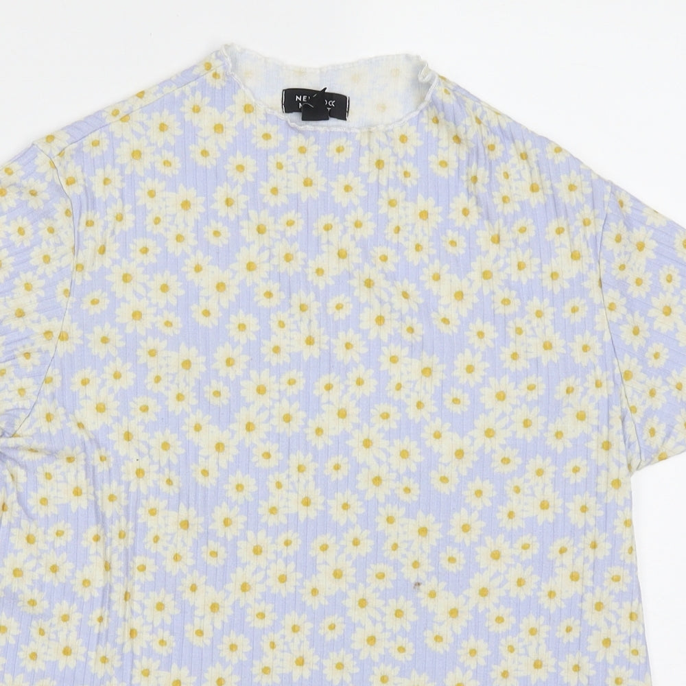 New Look Womens Blue Floral Polyester Basic T-Shirt Size 14 High Neck