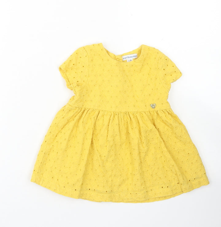 Vertbaudet Girls Yellow Cotton Skater Dress Size 9-12 Months Crew Neck Snap