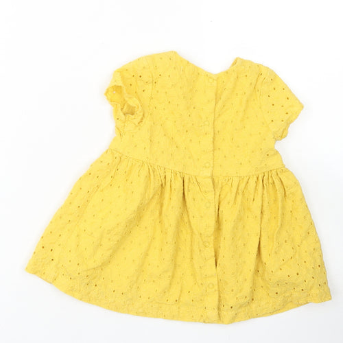 Vertbaudet Girls Yellow  Cotton Skater Dress  Size 9-12 Months  Crew Neck Snap