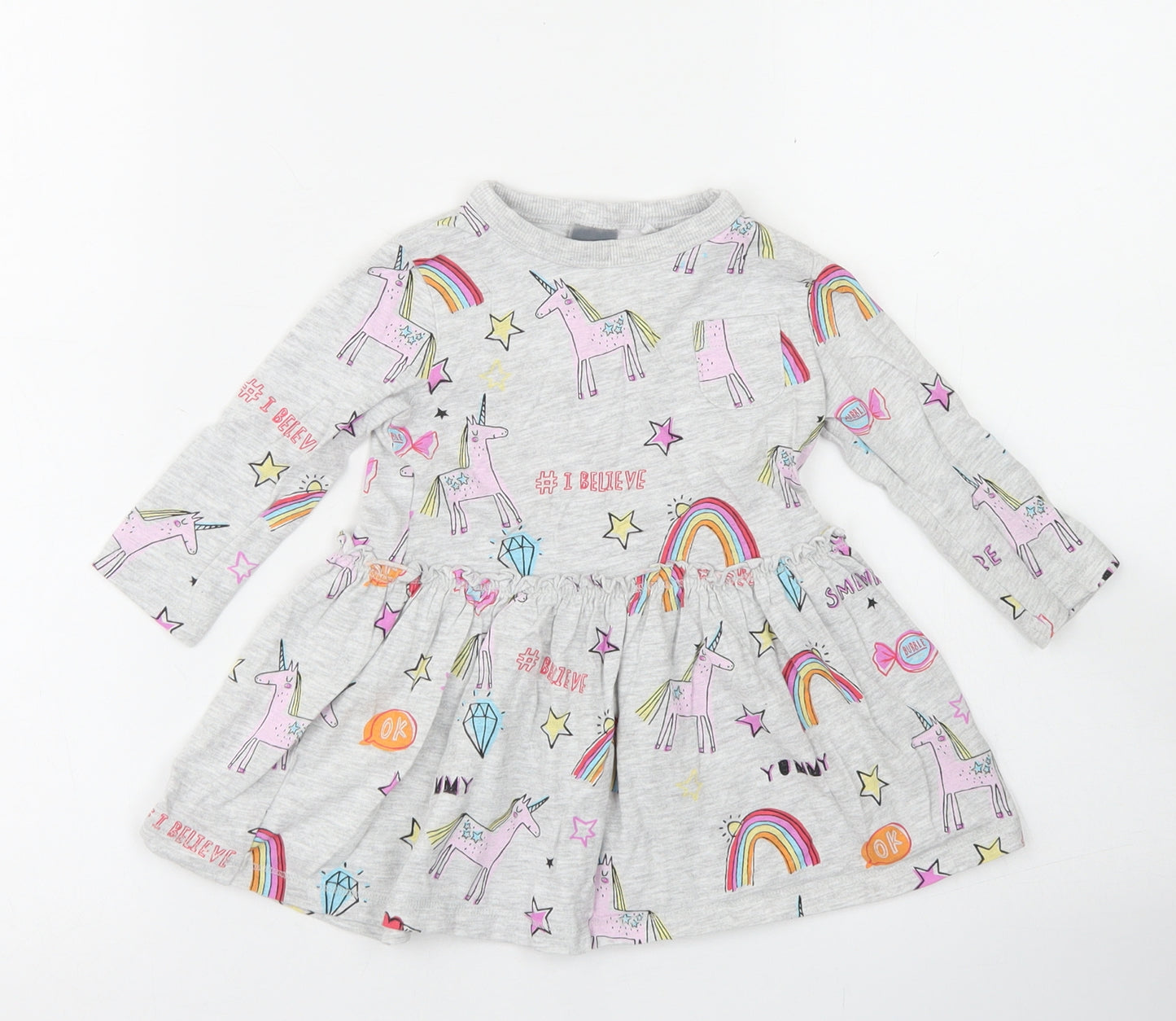 NEXT Girls Grey Spotted Cotton Skater Dress  Size 9-12 Months  Crew Neck  - Unicorns & Rainbows