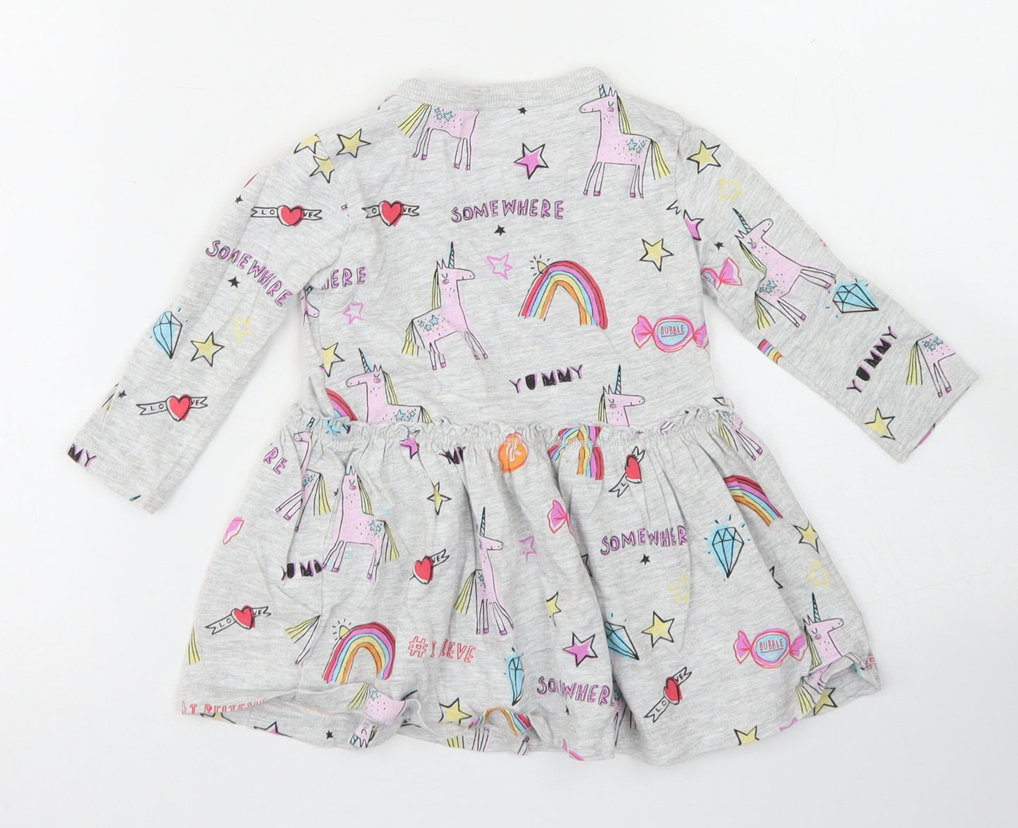 NEXT Girls Grey Spotted Cotton Skater Dress  Size 9-12 Months  Crew Neck  - Unicorns & Rainbows