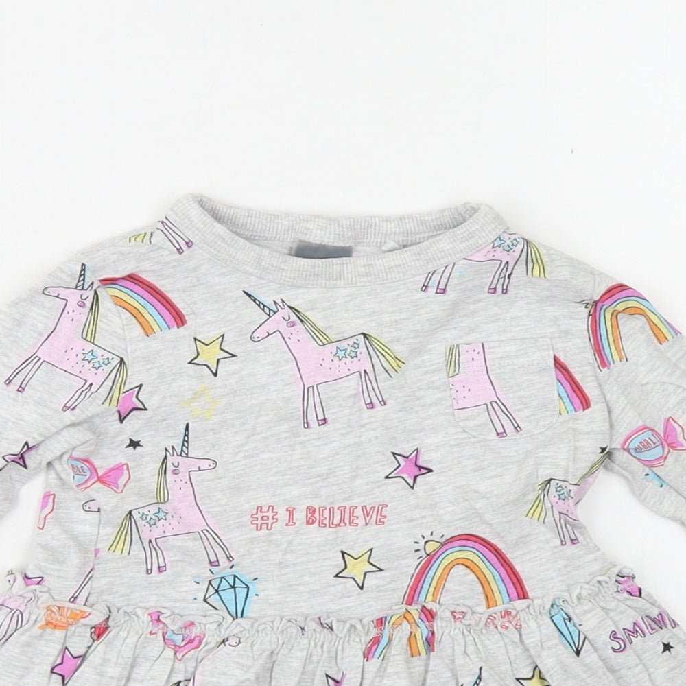 NEXT Girls Grey Spotted Cotton Skater Dress  Size 9-12 Months  Crew Neck  - Unicorns & Rainbows