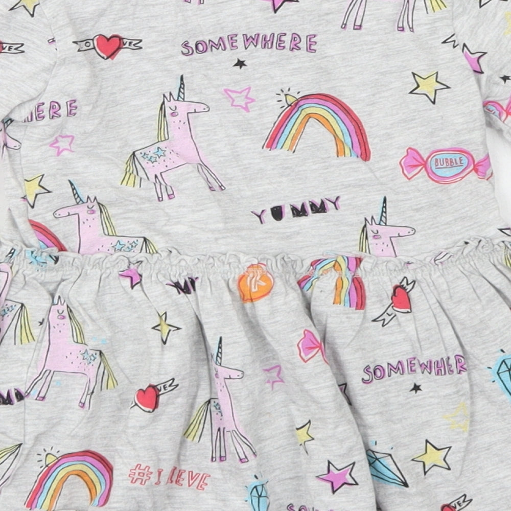 NEXT Girls Grey Spotted Cotton Skater Dress  Size 9-12 Months  Crew Neck  - Unicorns & Rainbows