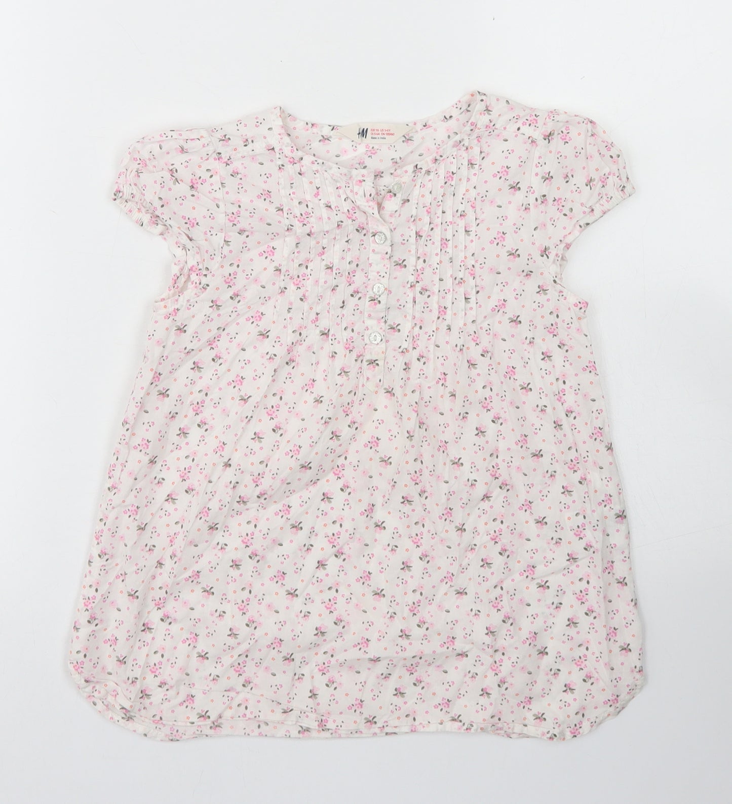 H&M Girls White Floral Cotton Basic Blouse Size 5-6 Years Round Neck Button