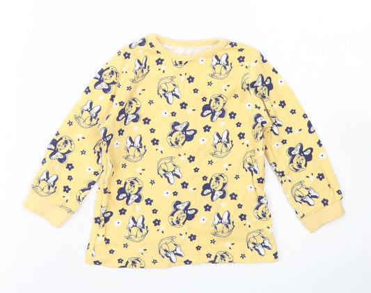 Front view of George girls’ yellow spotted cotton basic t-shirt, size 9-12, months crew neck - minnie mouse & daisy duck