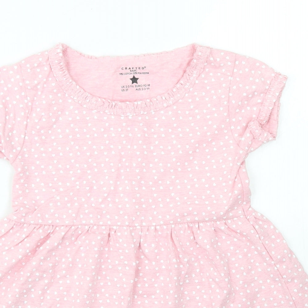 Crafted Girls Pink Polka Dot Cotton Skater Dress  Size 2-3 Years  Crew Neck