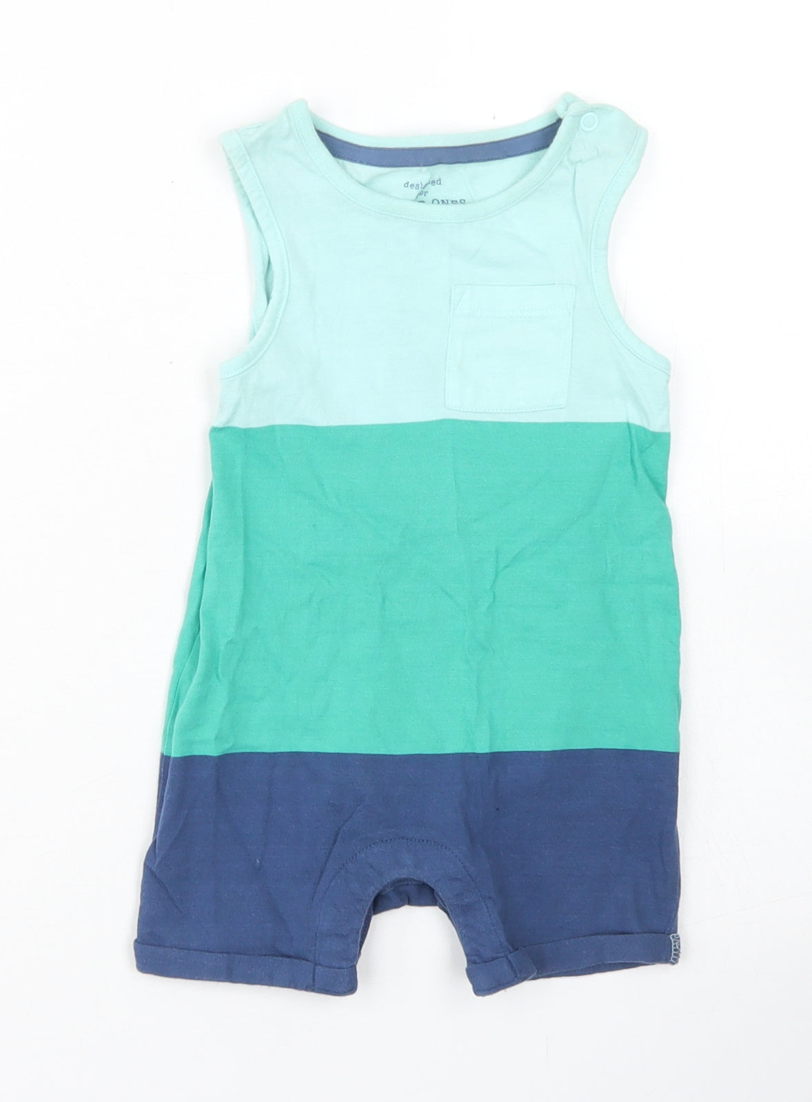 F&F Boys Blue Colourblock Cotton Romper One-Piece Size 6-9 Months  Snap