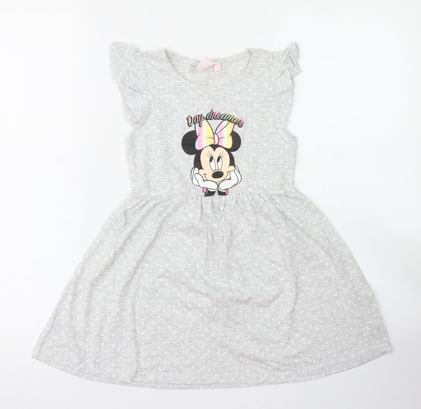 Primark Girls Grey Polka Dot Cotton Skater Dress  Size 5-6 Years  Crew Neck  - Minnie Mouse