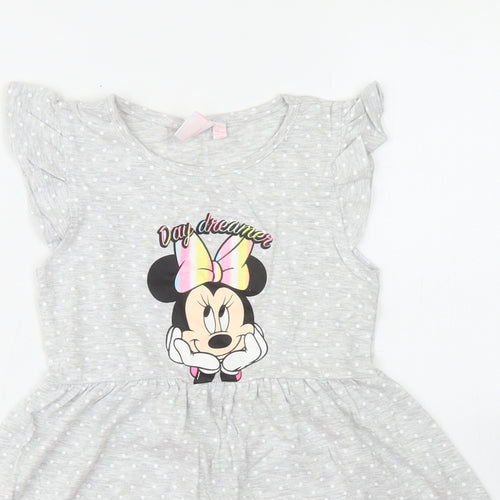 Primark Girls Grey Polka Dot Cotton Skater Dress  Size 5-6 Years  Crew Neck  - Minnie Mouse
