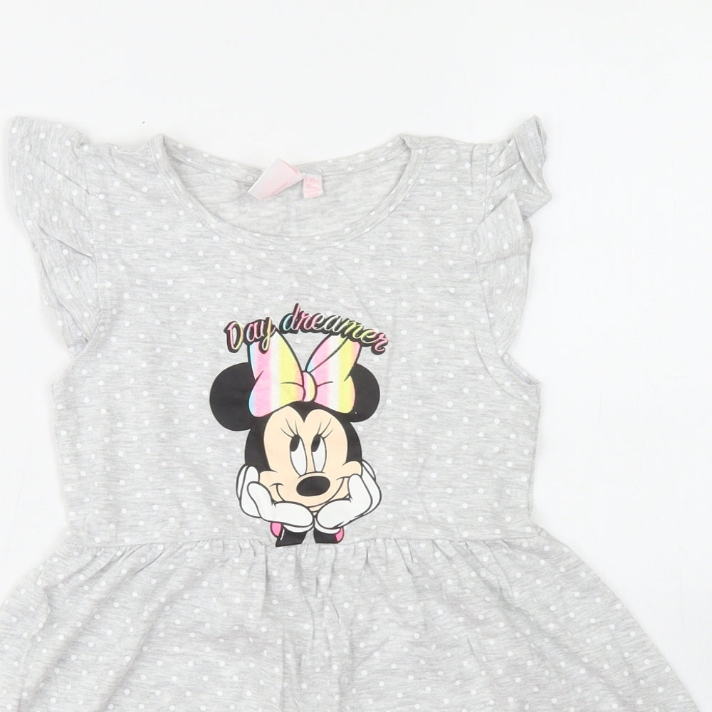 Primark Girls Grey Polka Dot Cotton Skater Dress  Size 5-6 Years  Crew Neck  - Minnie Mouse