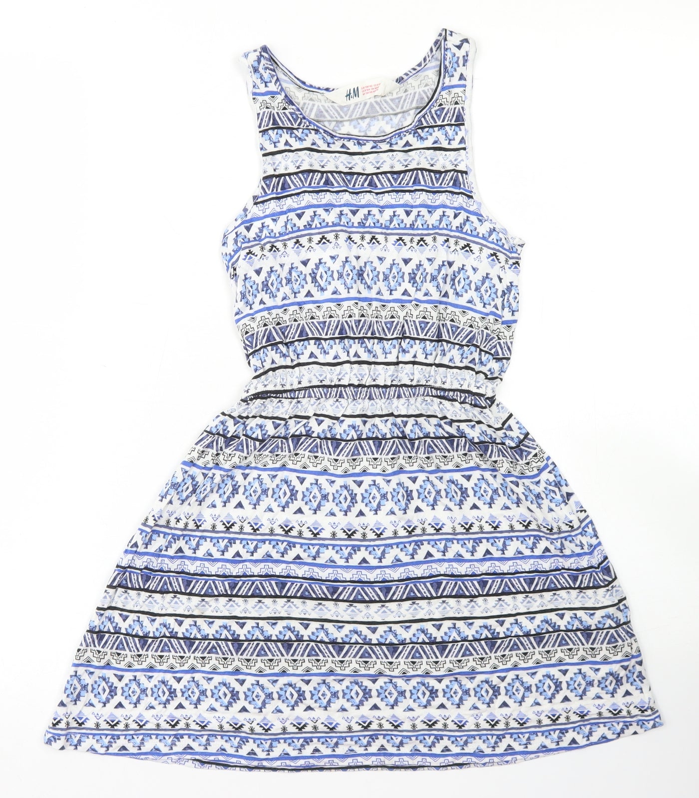 H&M Girls Blue Fair Isle Viscose Skater Dress  Size 9-10 Years  Round Neck