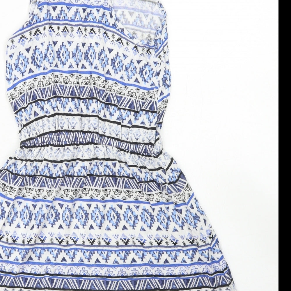 H&M Girls Blue Fair Isle Viscose Skater Dress  Size 9-10 Years  Round Neck