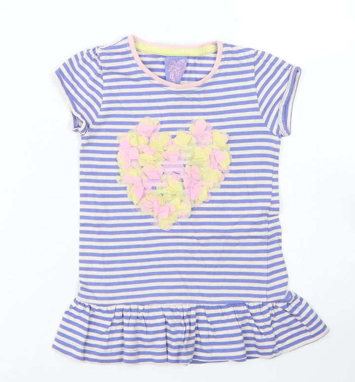 Young Dimension Girls Blue Striped Cotton Basic T-Shirt Size 3-4 Years Crew Neck