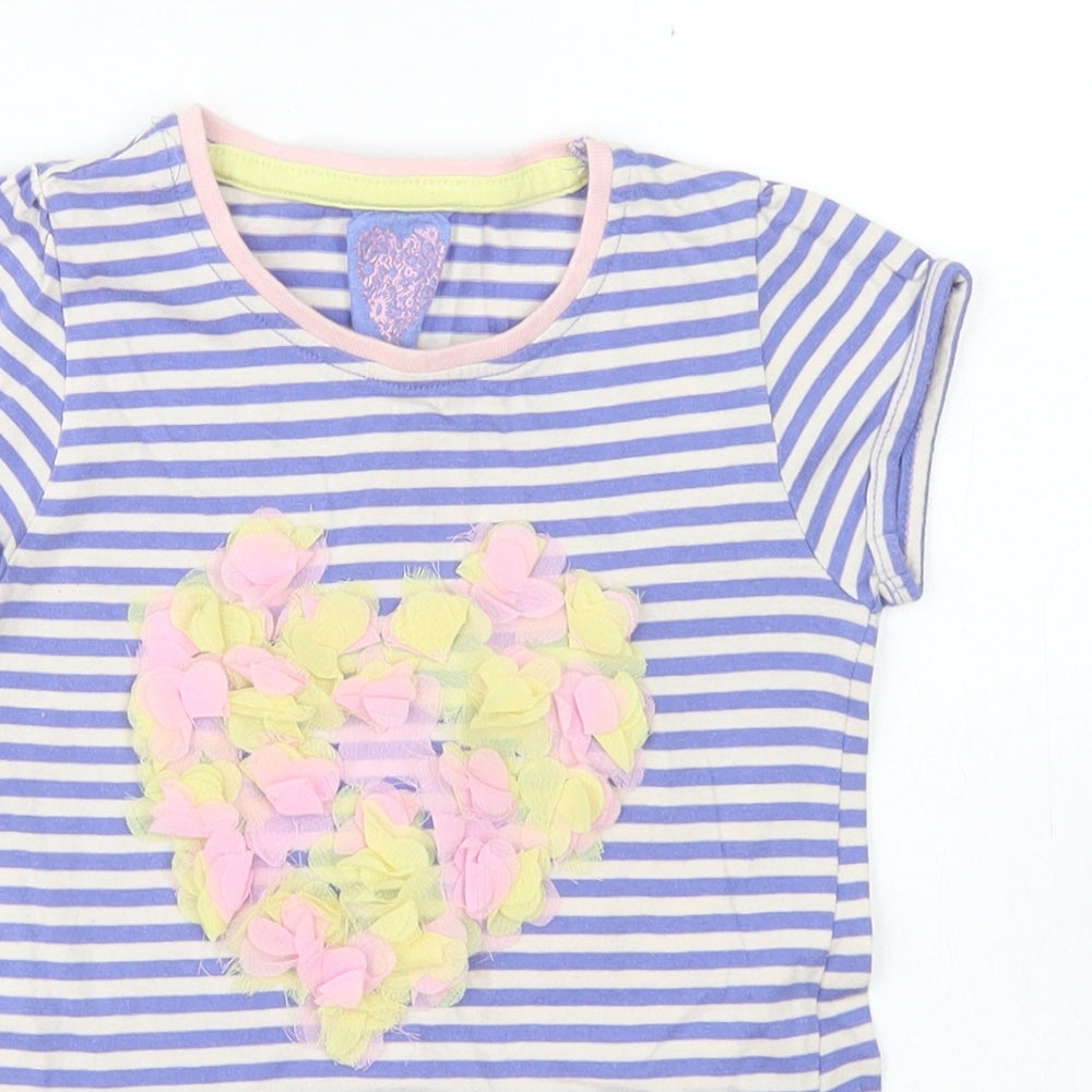 Young Dimension Girls Blue Striped Cotton Basic T-Shirt Size 3-4 Years Crew Neck