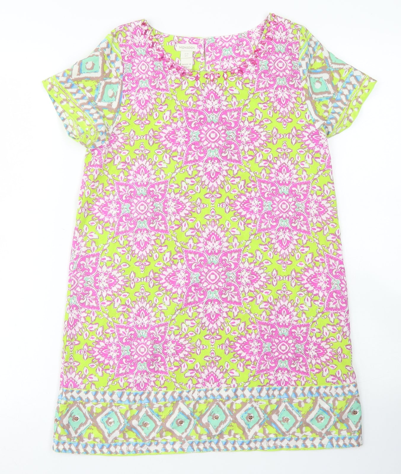 Monsoon Girls Green Floral Polyester A-Line  Size 11-12 Years  Round Neck Button