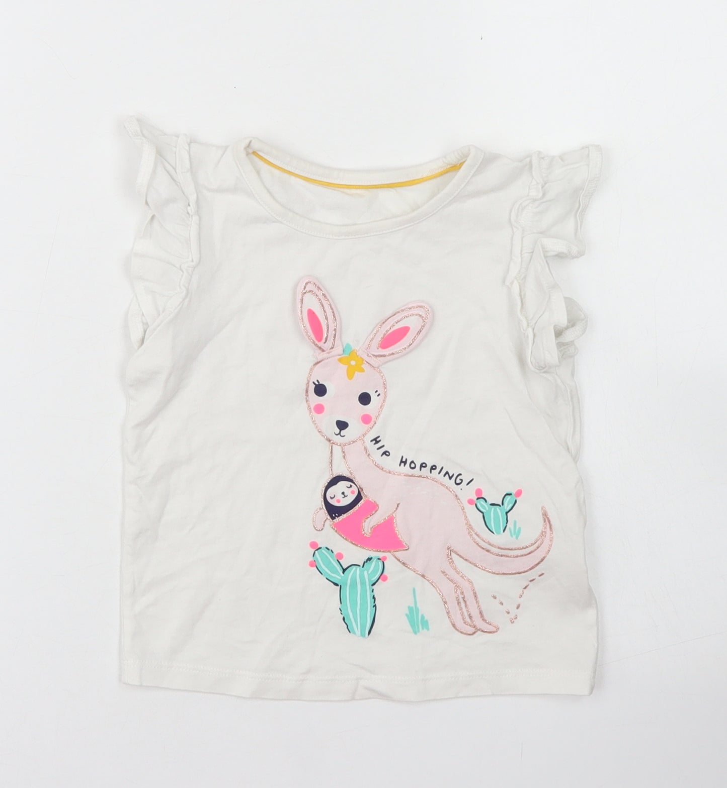 M&S Girls White  Cotton Basic T-Shirt Size 2-3 Years Crew Neck  - Kangaroo