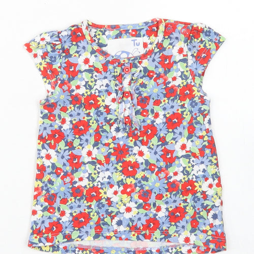 TU Girls Red Floral Cotton Basic T-Shirt Size 3-6 Months Crew Neck