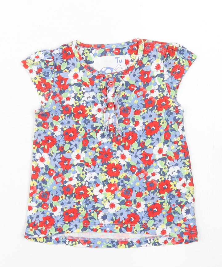 TU Girls Red Floral Cotton Basic T-Shirt Size 3-6 Months Crew Neck