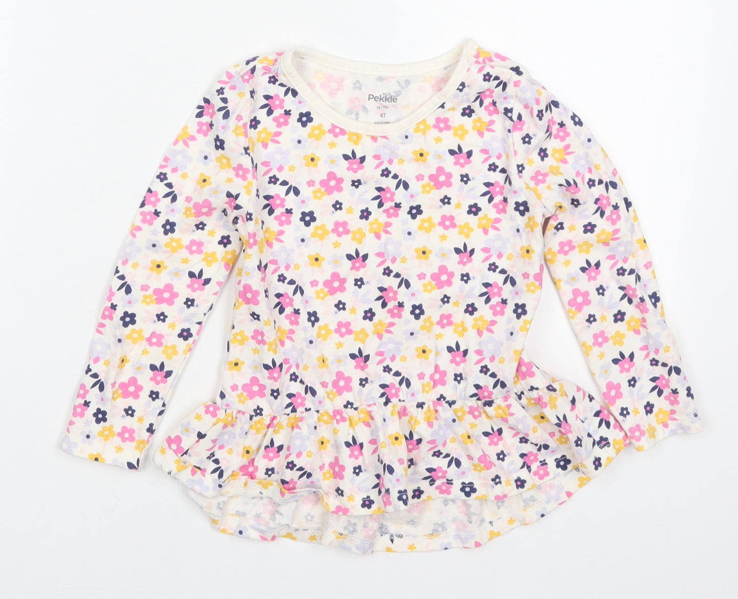 Pekkle Girls Multicoloured Floral Cotton Basic T-Shirt Size 4 Years Crew Neck Pullover