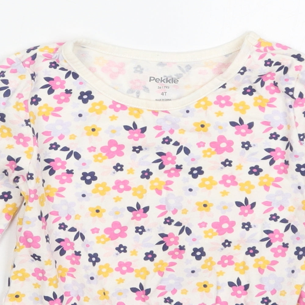 Pekkle Girls Multicoloured Floral Cotton Basic T-Shirt Size 4 Years Crew Neck Pullover
