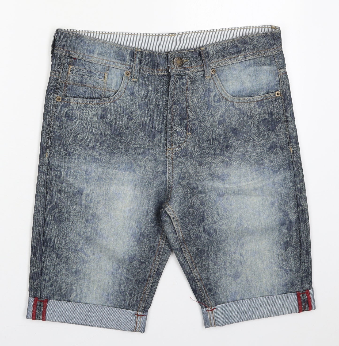Denim Co Mens Blue Paisley Cotton Bermuda Shorts Size 32 L10 in Regular Button