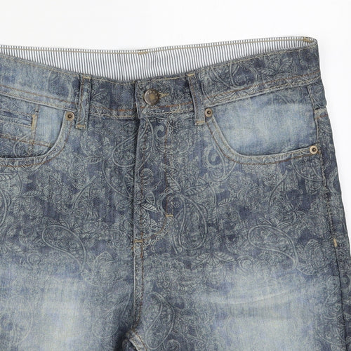 Denim Co Mens Blue Paisley Cotton Bermuda Shorts Size 32 L10 in Regular Button