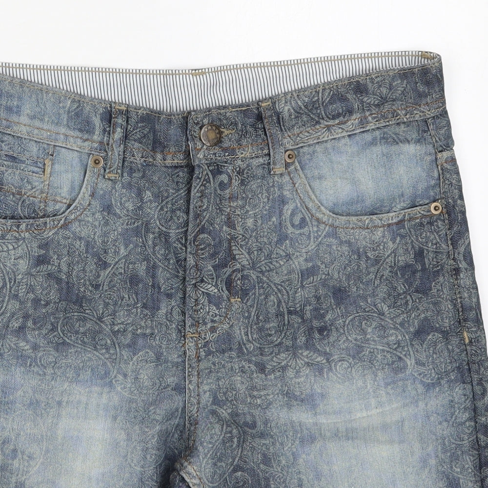 Denim Co Mens Blue Paisley Cotton Bermuda Shorts Size 32 L10 in Regular Button