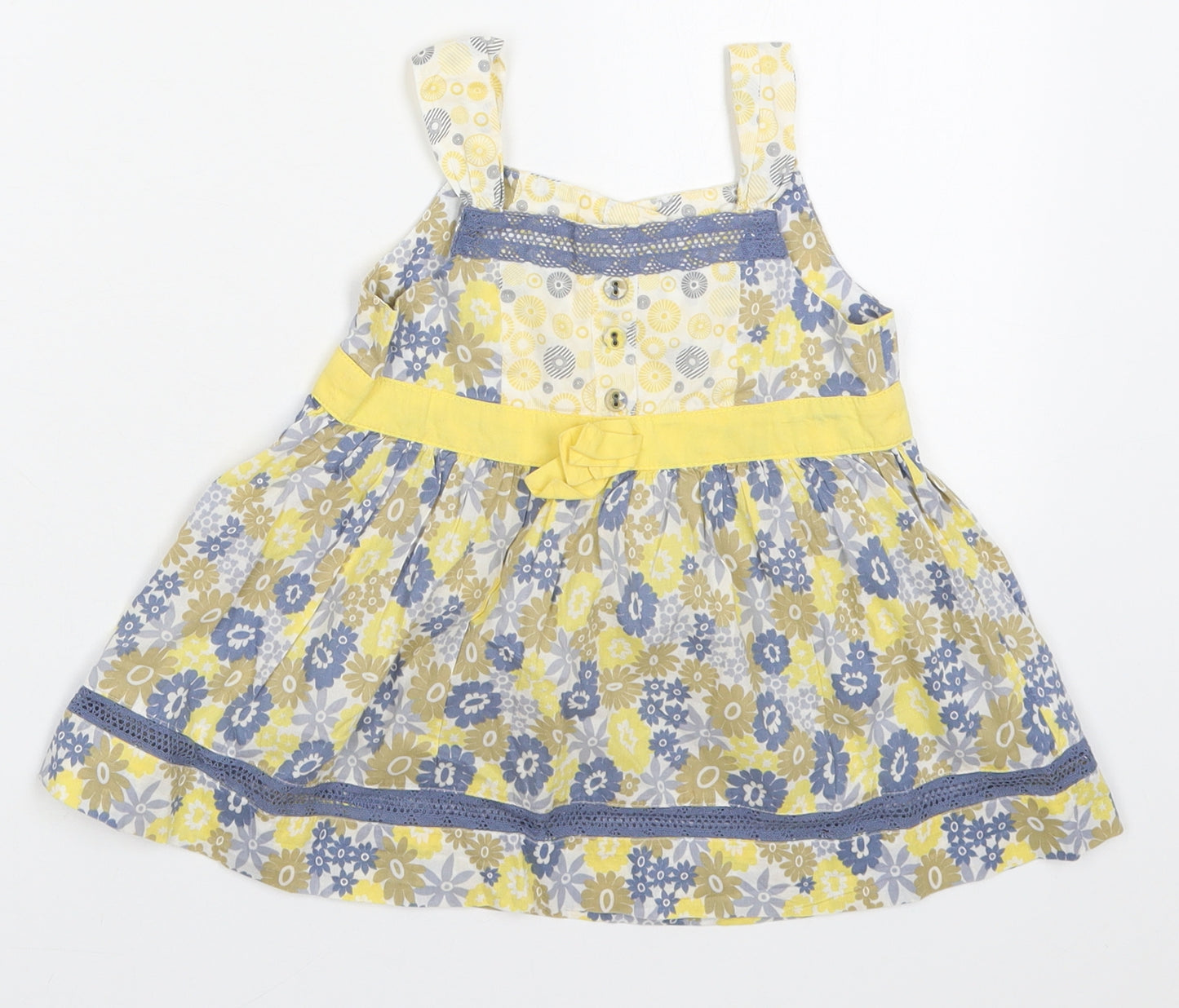 Marks and Spencer Girls Yellow Floral Cotton A-Line  Size 2-3 Years  Square Neck Button - Blue Flowers