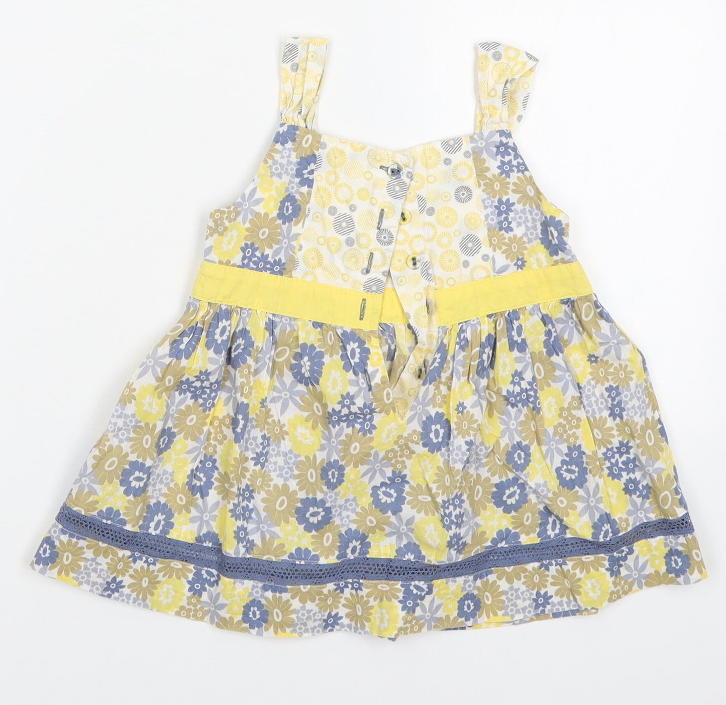 Marks and Spencer Girls Yellow Floral Cotton A-Line  Size 2-3 Years  Square Neck Button - Blue Flowers