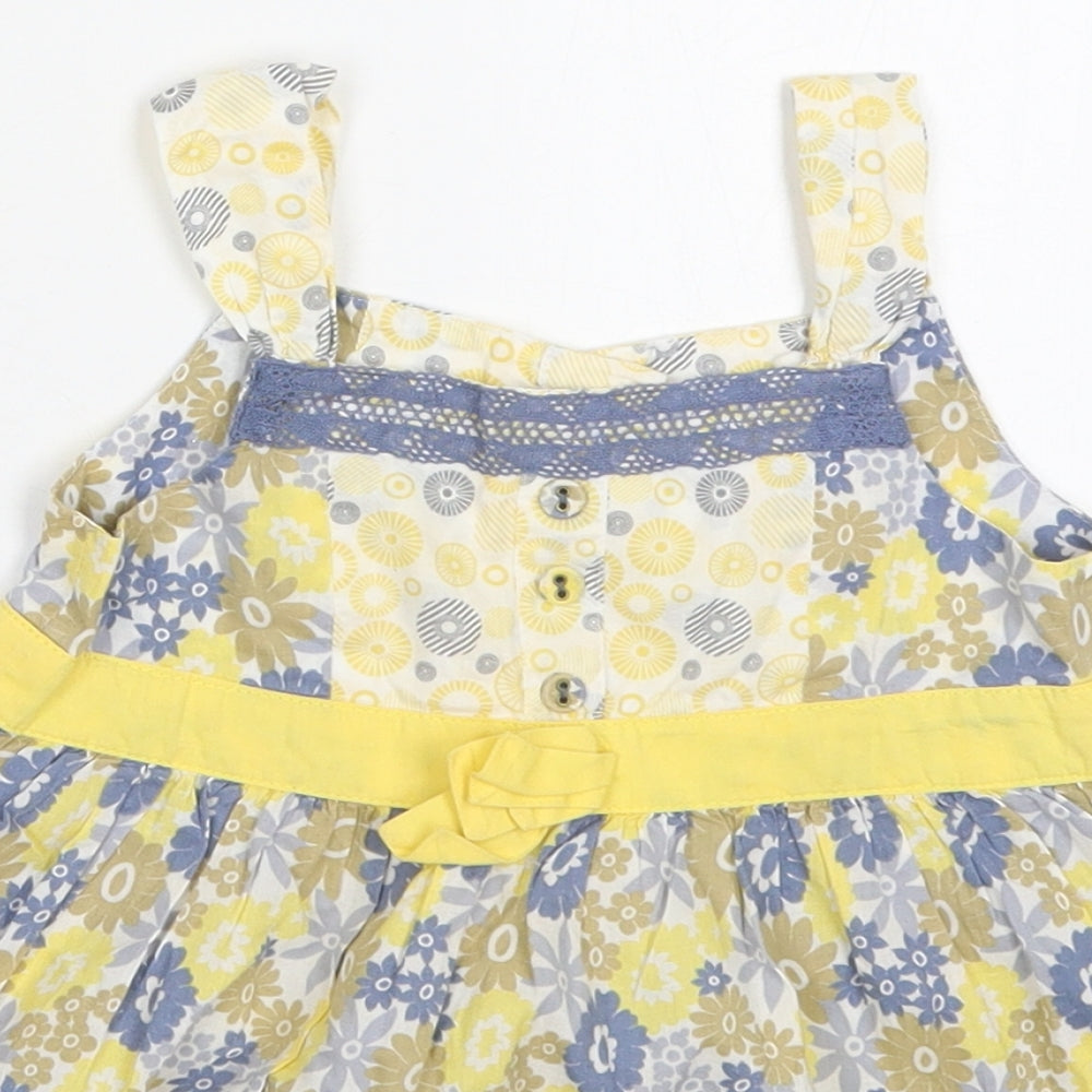 Marks and Spencer Girls Yellow Floral Cotton A-Line  Size 2-3 Years  Square Neck Button - Blue Flowers