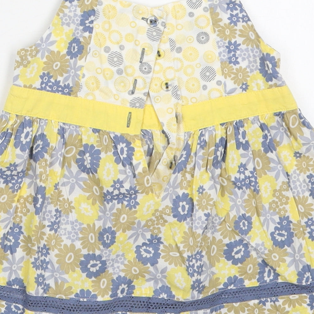 Marks and Spencer Girls Yellow Floral Cotton A-Line  Size 2-3 Years  Square Neck Button - Blue Flowers